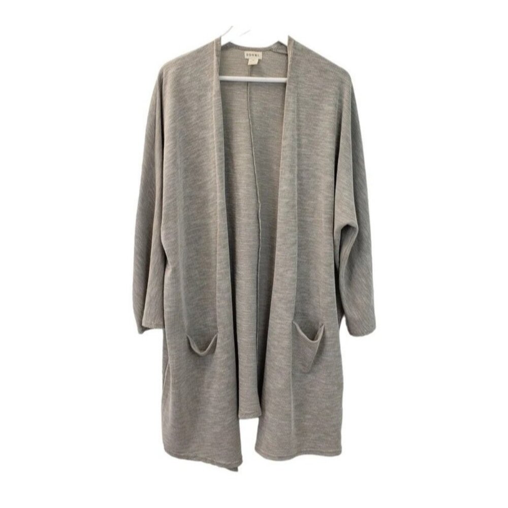 DONNI Rib Cardigan Grey White Stripe Open Front Duster OSFA Loungewear‎ g2
